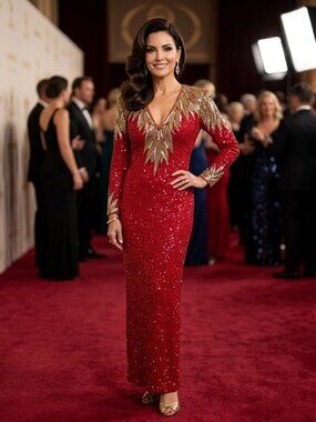 Naeem Khan Red and Gold Long Sleeve evening gown, $5000 MSRP